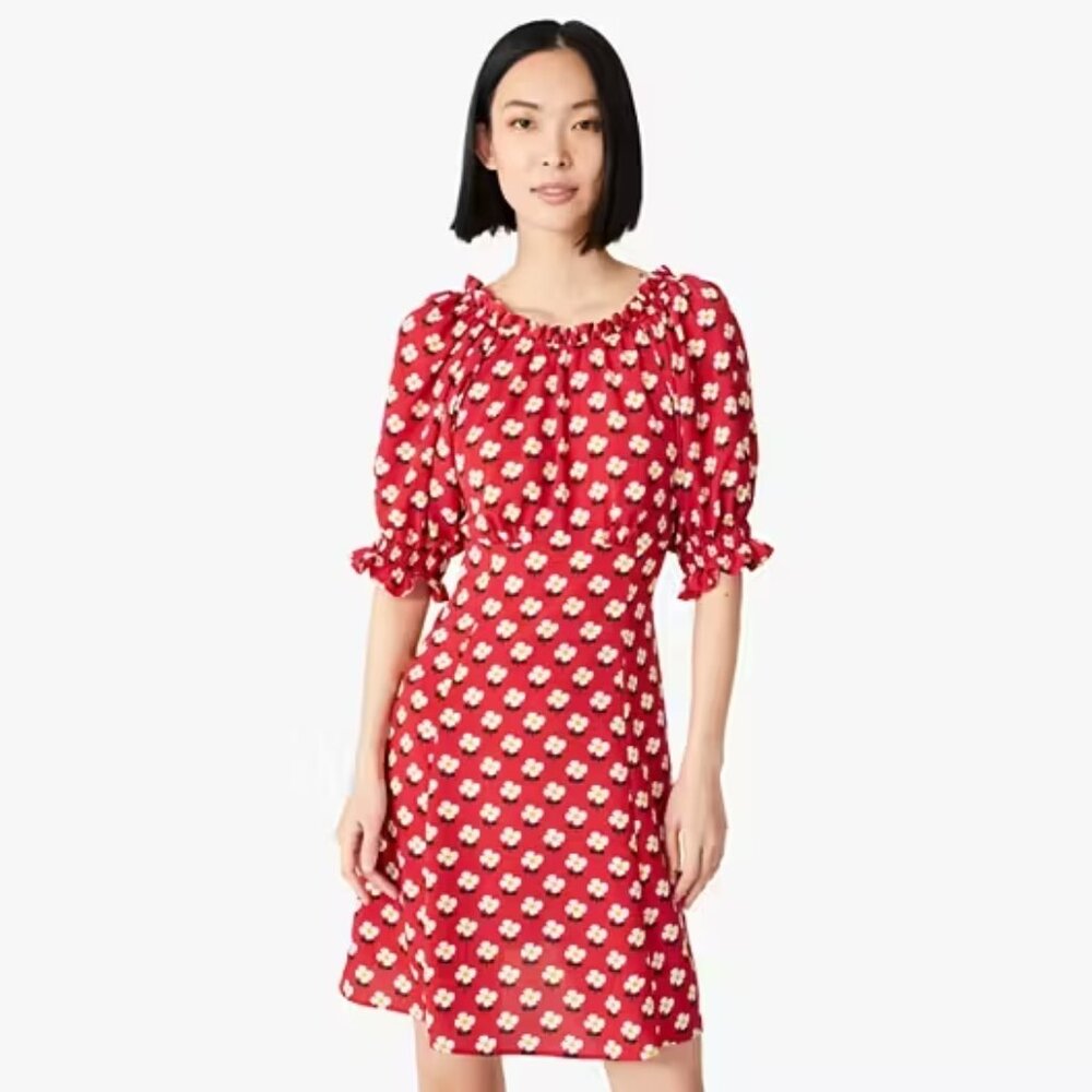 Kate Spade Red Block Flower Fluid Cottage-core Peasant Dress Women's 4‎